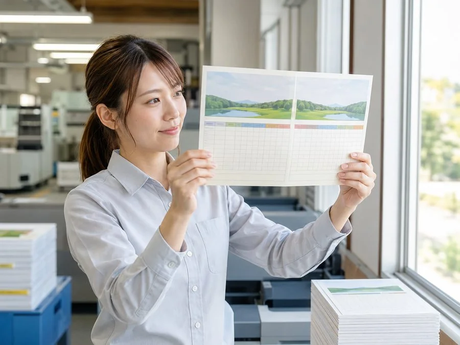 検品スペースで仕上がったスコアカードを確認するスタッフのイメージ（AI生成画像・実在の人物ではありません）