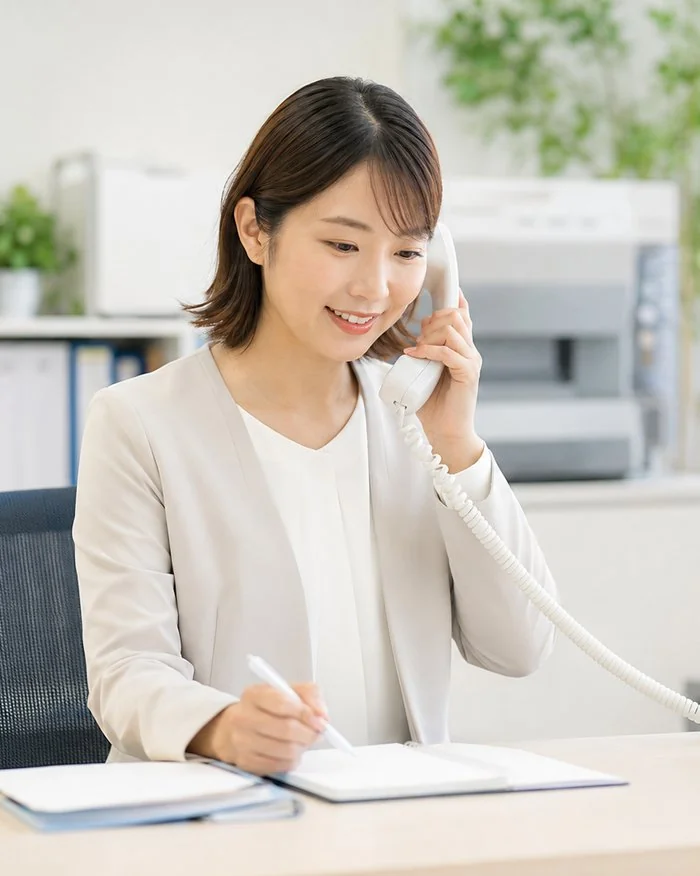 固定電話で丁寧にご相談対応をするスタッフのイメージ（AI生成画像・実在の人物ではありません）
