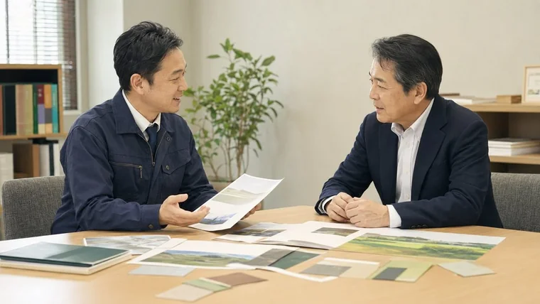 打合せで色見本やコースの写真を検討するイメージ（AI生成画像・実在の人物ではありません）