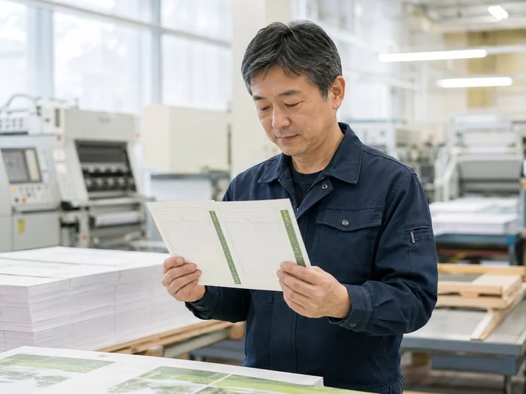 印刷工場で刷り上がった帳票を手に取り仕上がりを確認するスタッフのイメージ（AI生成画像・実在の人物ではありません）