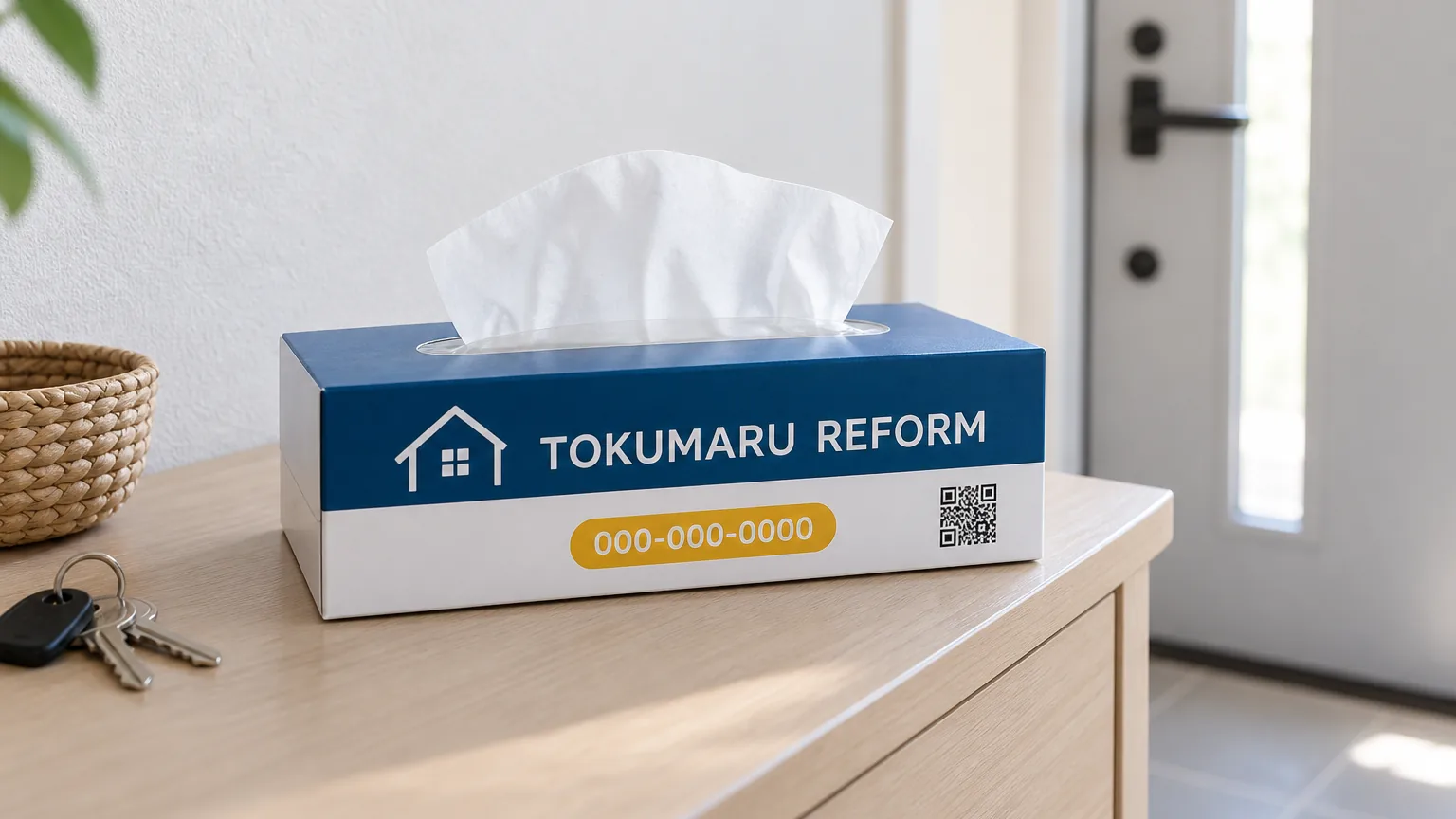 全面オリジナルデザインのボックスティッシュ（架空のリフォーム会社『TOKUMARU REFORM』の作例）を、住宅の玄関先のコンソールに置いたイメージ。社名・電話番号は架空。これはAI生成画像です。実在の人物ではありません。実在の住宅・会社・制作事例でもありません。