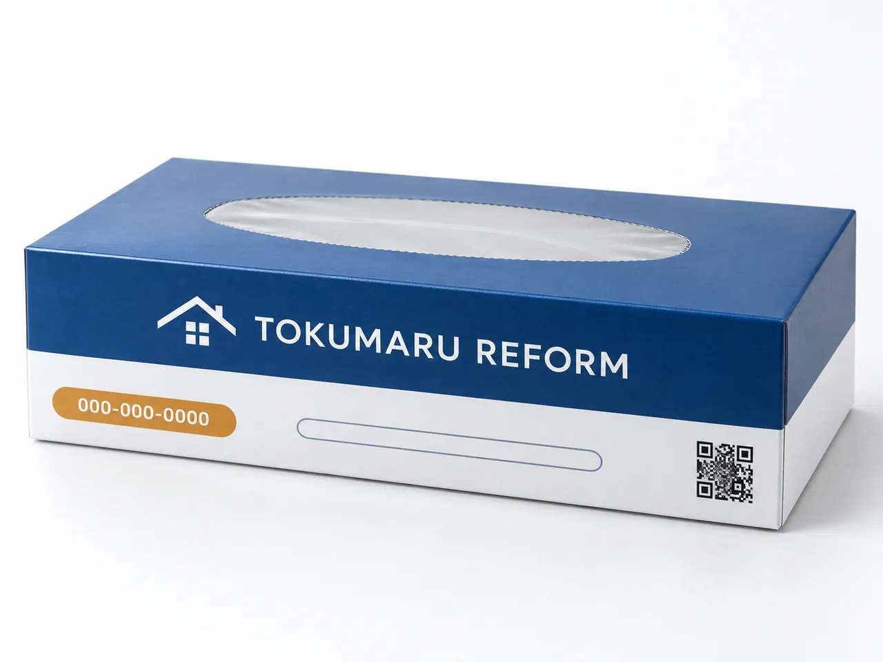 全面をオリジナルデザインで印刷したボックスティッシュの作例。架空のリフォーム会社『TOKUMARU REFORM』を想定した表紙デザイン（社名・電話番号は架空）。これはAI生成画像です。実在の人物ではありません。実在の会社・制作事例でもありません。