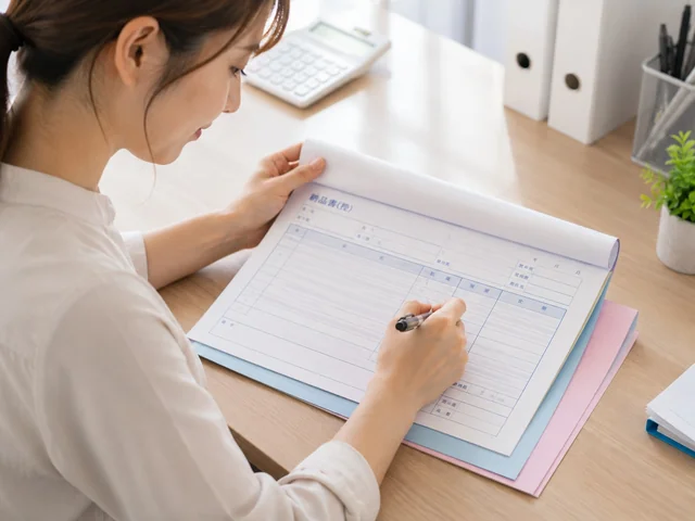 複写伝票に記入する女性スタッフのイメージ（AI生成画像のため実在の人物ではありません）