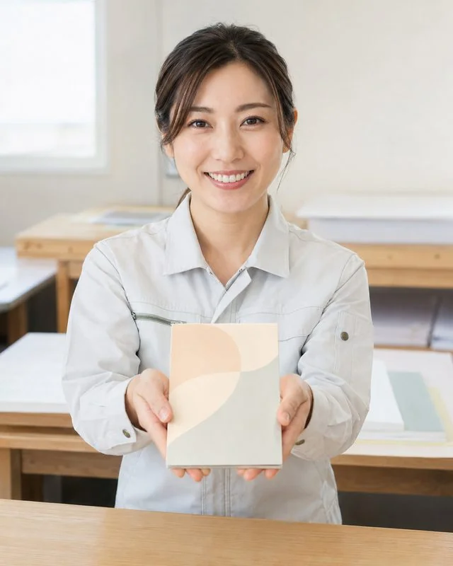 オリジナルメモ帳のサンプルを手渡しするスタッフのイメージ