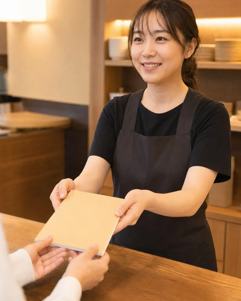 女性スタッフがお客様にオリジナルメモ帳サンプルを手渡ししているイメージ（AI生成画像・実在の人物ではありません）