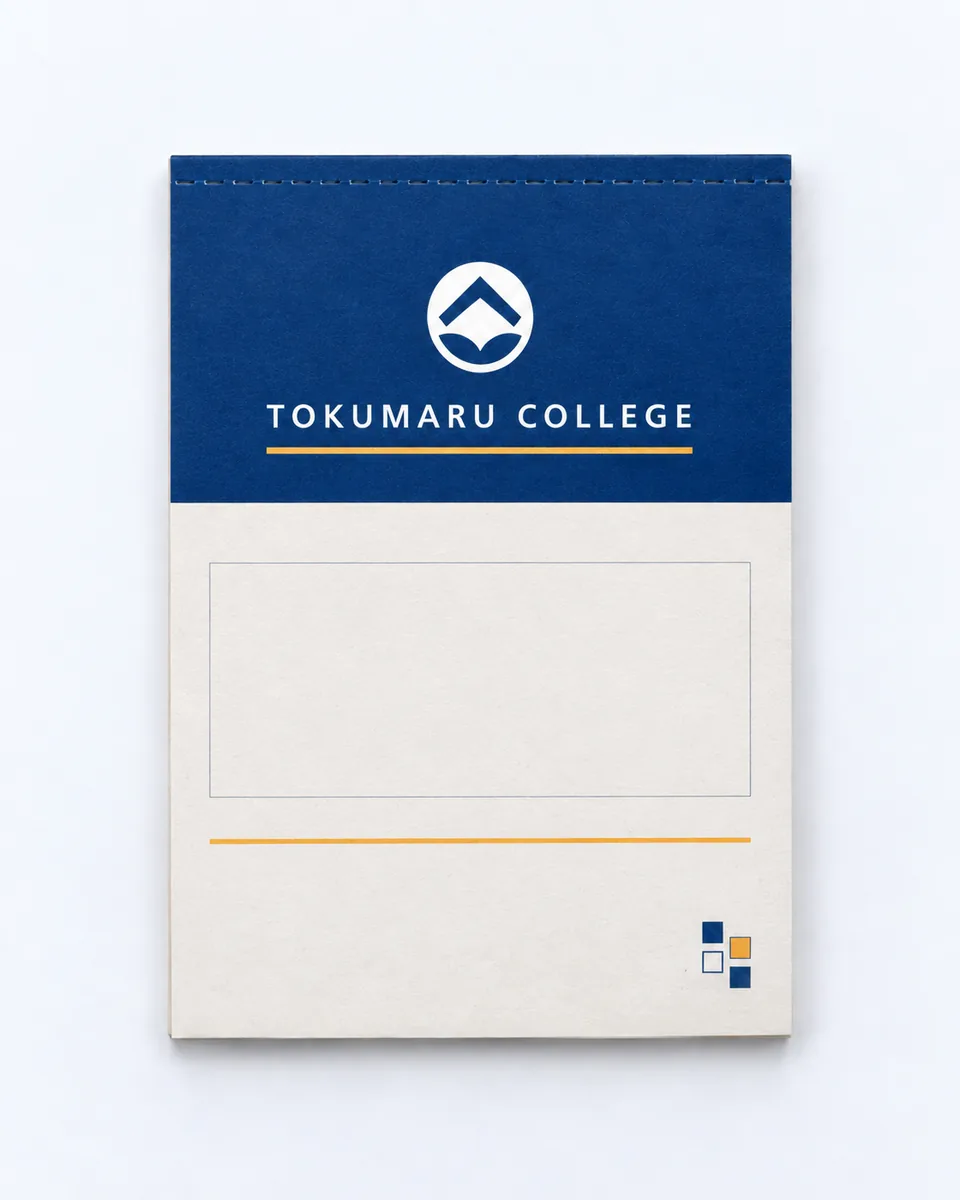 架空の学校ブランド『TOKUMARU COLLEGE』を想定した、くるみメモ帳の表紙デザインの作例をフラットレイ（真俯瞰）で撮影した写真。紺の帯・白ロゴタイプ・写真パネルの枠（写真は入っていません）・アンバーの罫線・隅の抽象QR風の模様を配置。校名・エンブレム・QR風の模様はすべて架空です。これはAI生成画像です。実在の学校・会社・制作事例ではありません。
