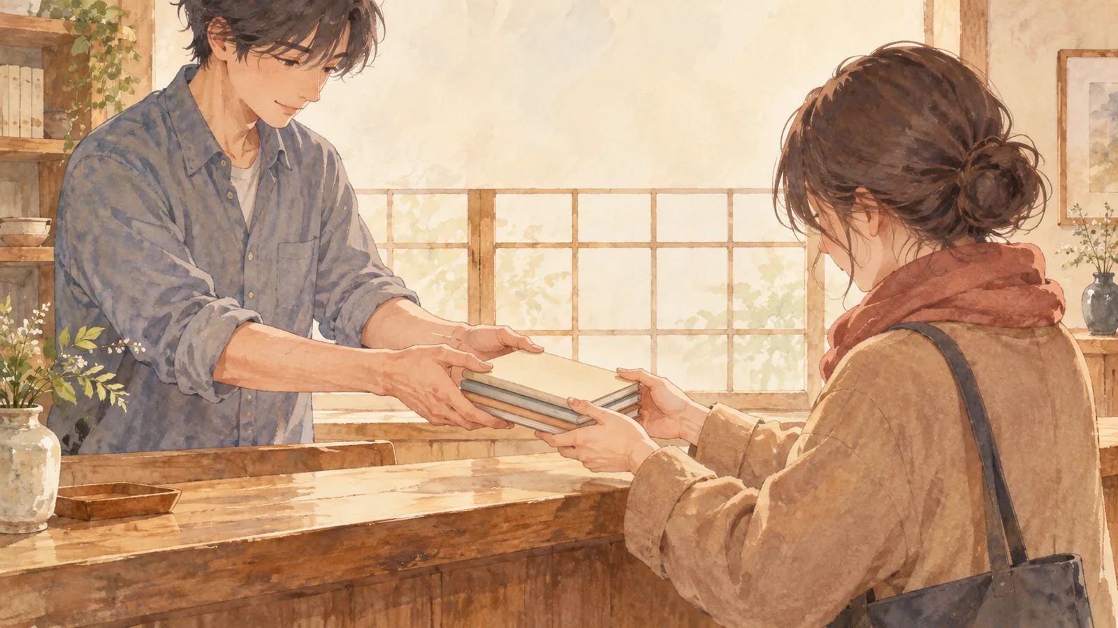 やさしい雰囲気のイラスト（AI生成画像・実在の人物ではありません）。木製カウンター越しに、若い男性がメモ帳を差し出し、若い女性が両手で受け取っている様子。宗教衣装や特定の宗教施設を描いたものではありません。
